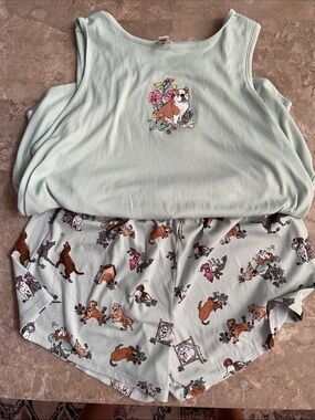 Mint Green Bulldog Print Ribbed Tank & Short Pajama Set